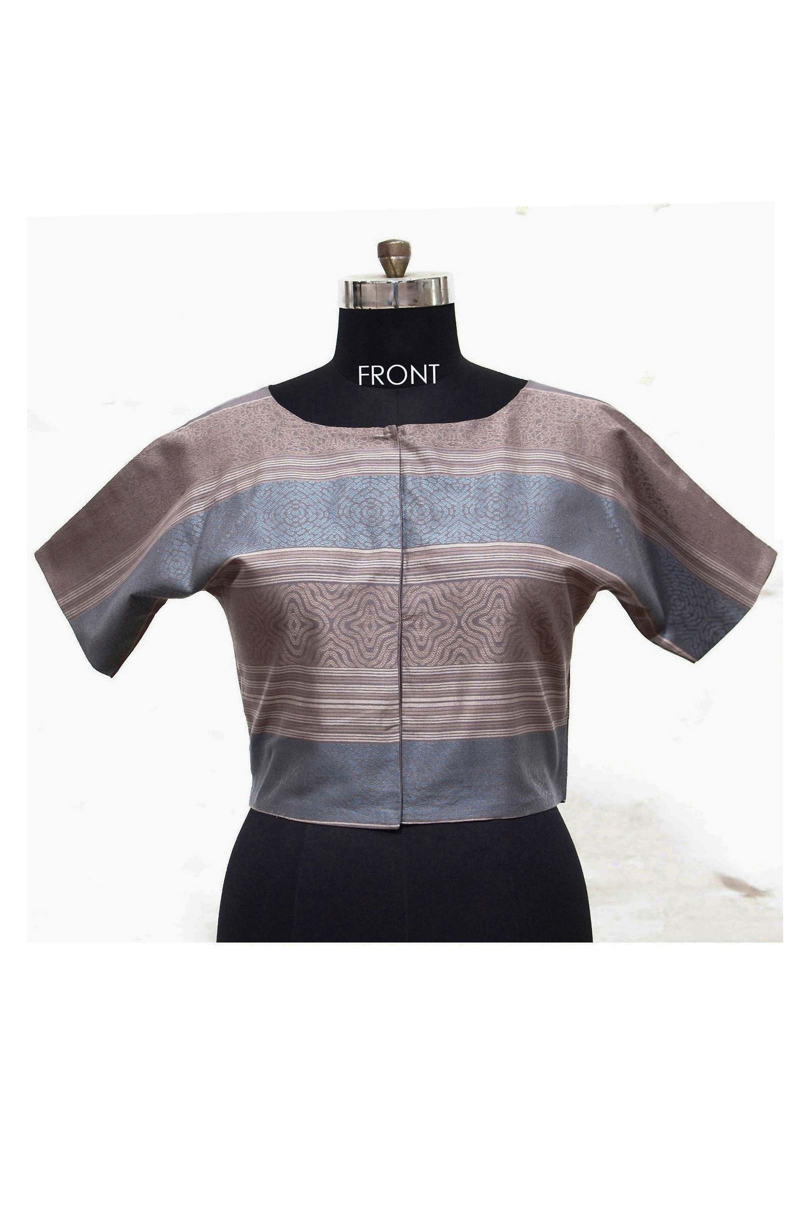 Brown and Blue Handloom Organic Cotton Blouse (Size XL / Size 14)